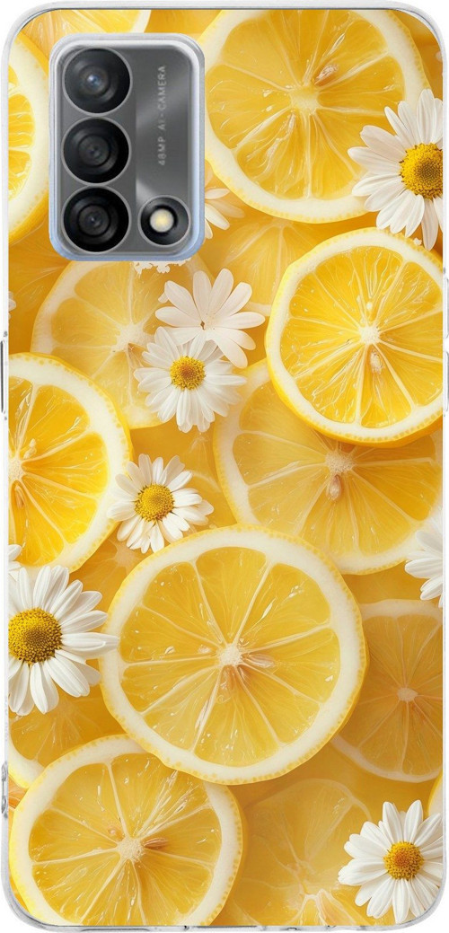 OPPO A74 Uyumlu Limon Dilimleri ve Papatya Desenli Baskılı Silikon Kılıf