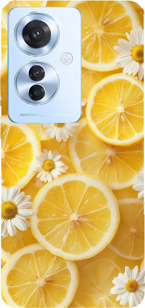 OPPO Reno 11F Uyumlu Limon Dilimleri ve Papatya Desenli Baskılı Silikon Kılıf