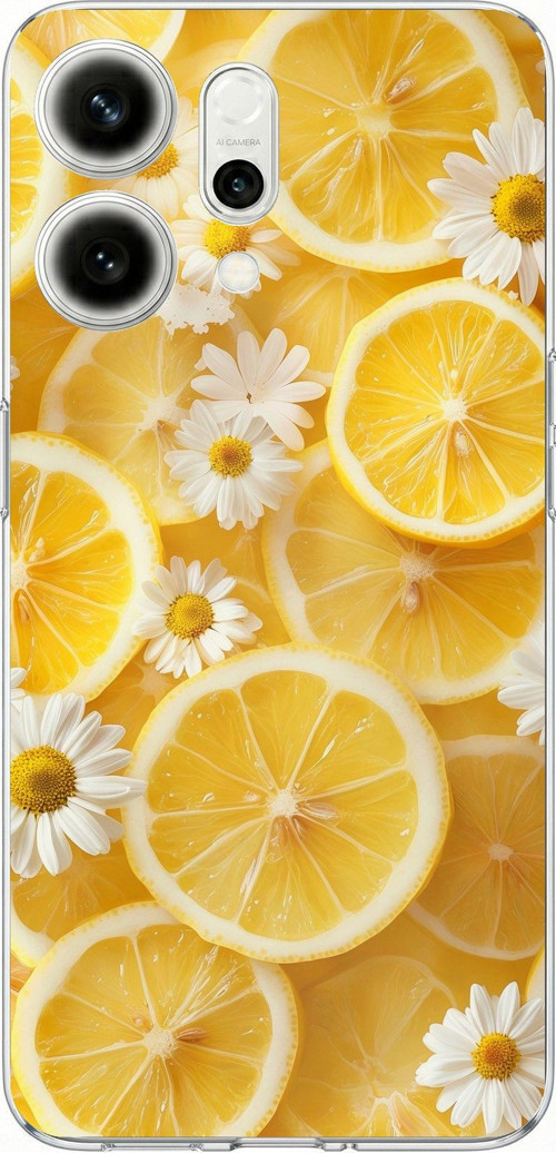 Oppo Reno 14 5G Uyumlu Limon Dilimleri ve Papatya Desenli Baskılı Silikon Kılıf