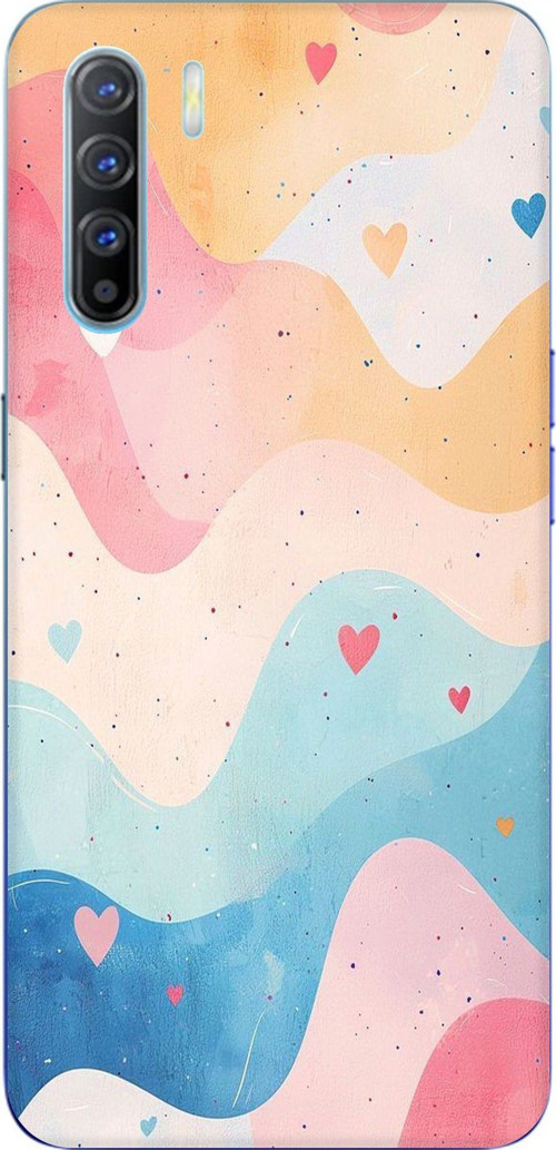 Oppo Reno 3-A91 Uyumlu Pastel Renkli Dalgalı ve Kalp Baskılı Silikon Kılıf