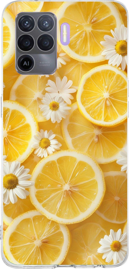 OPPO Reno 5 Lite Uyumlu Limon Dilimleri ve Papatya Desenli Baskılı Silikon Kılıf
