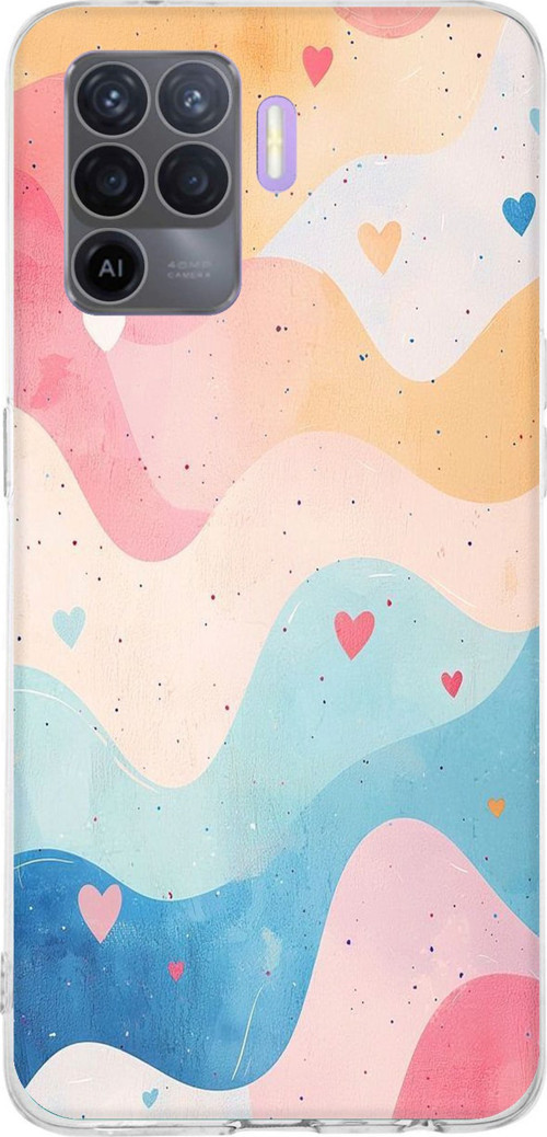 OPPO Reno 5 Lite Uyumlu Pastel Renkli Dalgalı ve Kalp Baskılı Silikon Kılıf