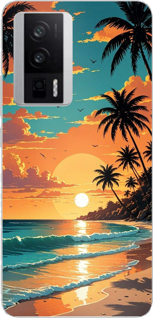POCO F5 PRO Uyumlu Tropikal Sahil ve Gün Batımı Baskılı Silikon Kılıf