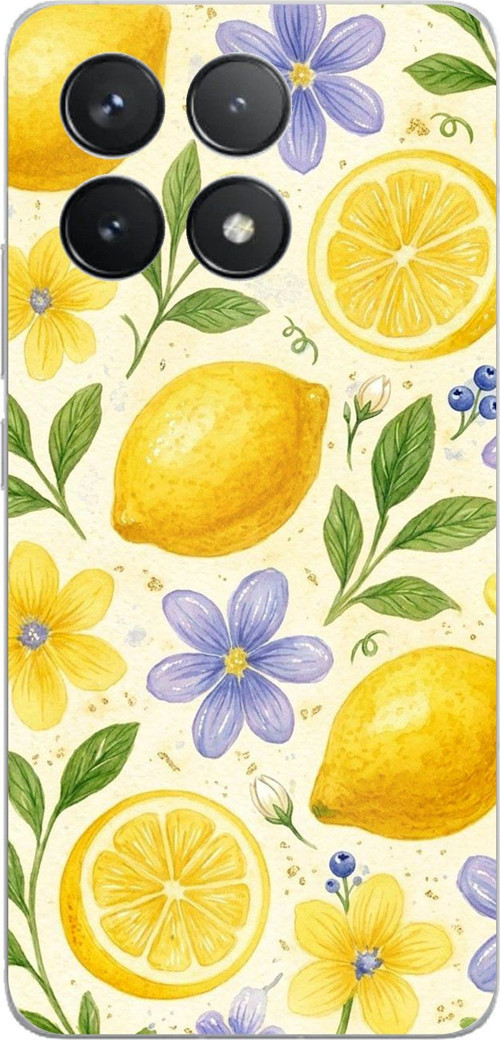 POCO F6 PRO Uyumlu Sulu Boya Limon ve Çiçek Desenli Baskılı Silikon Kılıf