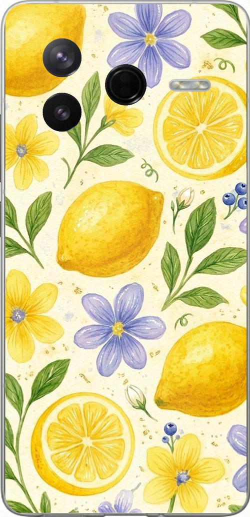 Poco F7 Pro Uyumlu Sulu Boya Limon ve Çiçek Desenli Baskılı Silikon Kılıf