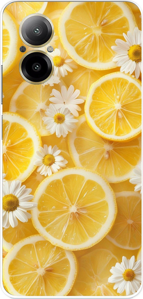 Realme 12 Lite Uyumlu Limon Dilimleri ve Papatya Desenli Baskılı Silikon Kılıf