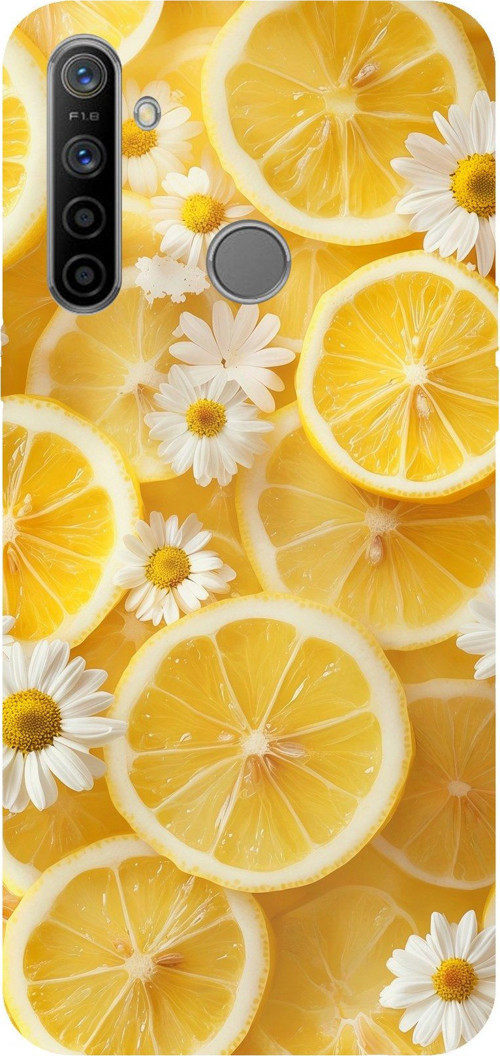 Realme 5i - 6i - C3 Uyumlu Limon Dilimleri ve Papatya Desenli Baskılı Silikon Kılıf