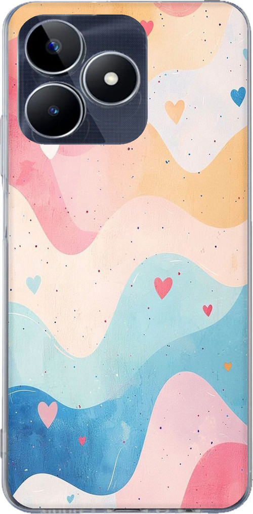 Realme C53 Uyumlu Pastel Renkli Dalgalı ve Kalp Baskılı Silikon Kılıf