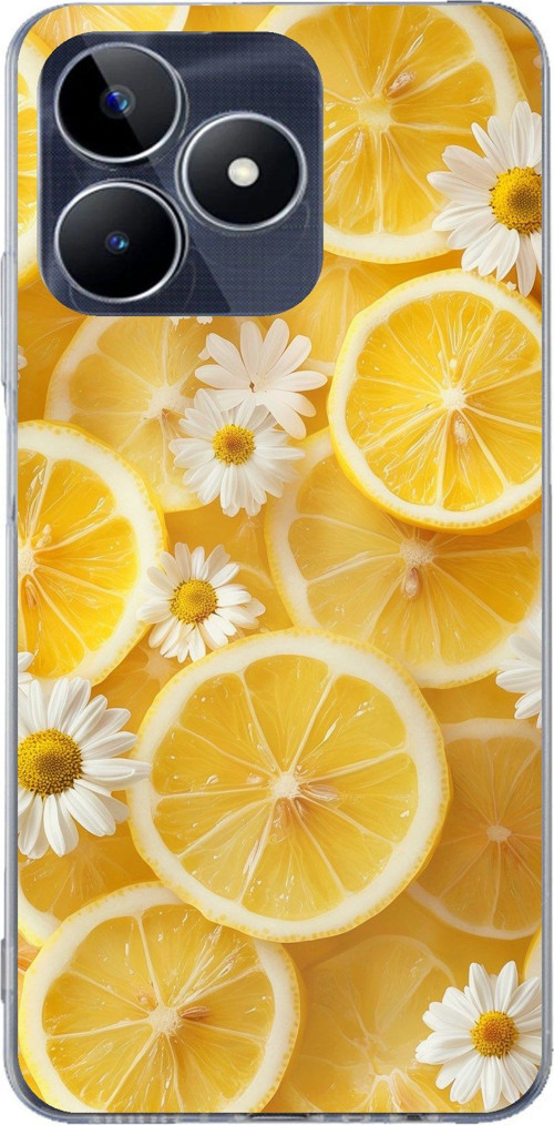 Realme C53 Uyumlu Limon Dilimleri ve Papatya Desenli Baskılı Silikon Kılıf
