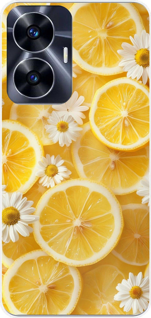 Realme C55 Uyumlu Limon Dilimleri ve Papatya Desenli Baskılı Silikon Kılıf