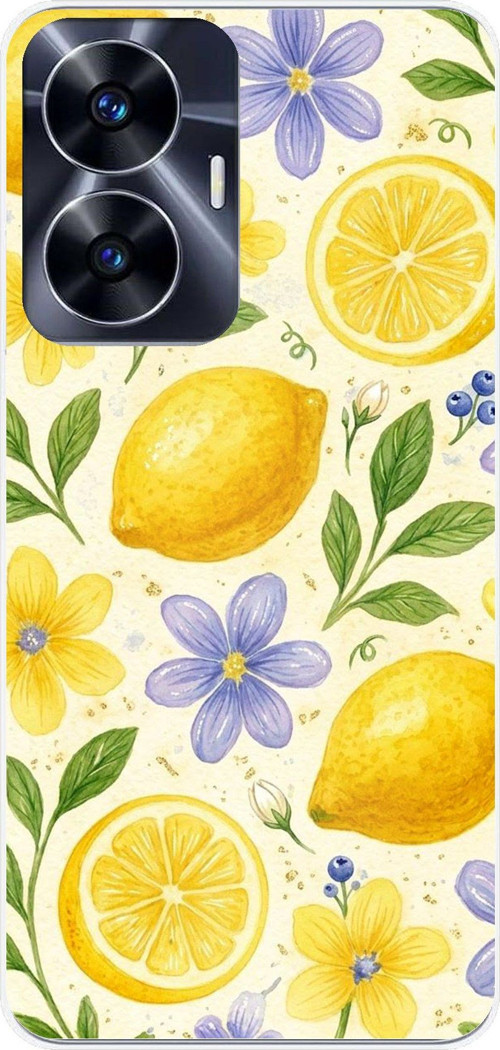 Realme C55 Uyumlu Sulu Boya Limon ve Çiçek Desenli Baskılı Silikon Kılıf
