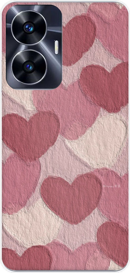 Realme C55 Uyumlu Pastel Gül Kurusu ve Pembe Kalpli Baskılı Silikon Kılıf
