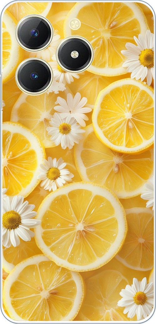 Realme C61 Uyumlu Limon Dilimleri ve Papatya Desenli Baskılı Silikon Kılıf
