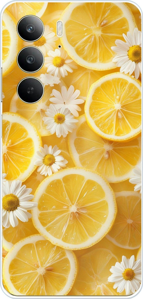 Realme C75 Uyumlu Limon Dilimleri ve Papatya Desenli Baskılı Silikon Kılıf