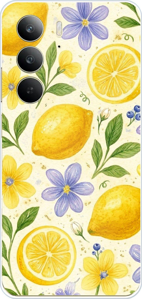 Realme C75 Uyumlu Sulu Boya Limon ve Çiçek Desenli Baskılı Silikon Kılıf