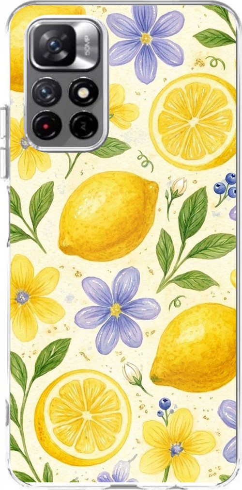 Redmi 10 Uyumlu Sulu Boya Limon ve Çiçek Desenli Baskılı Silikon Kılıf