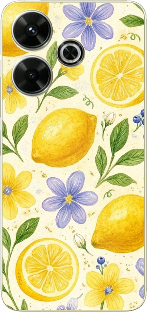 Redmi 13 Uyumlu Sulu Boya Limon ve Çiçek Desenli Baskılı Silikon Kılıf