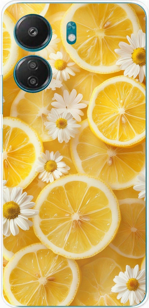 Redmi 13C Uyumlu Limon Dilimleri ve Papatya Desenli Baskılı Silikon Kılıf