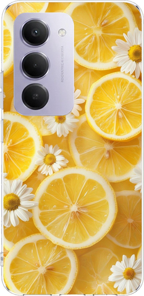 Redmi 15 4G Uyumlu Limon Dilimleri ve Papatya Desenli Baskılı Silikon Kılıf