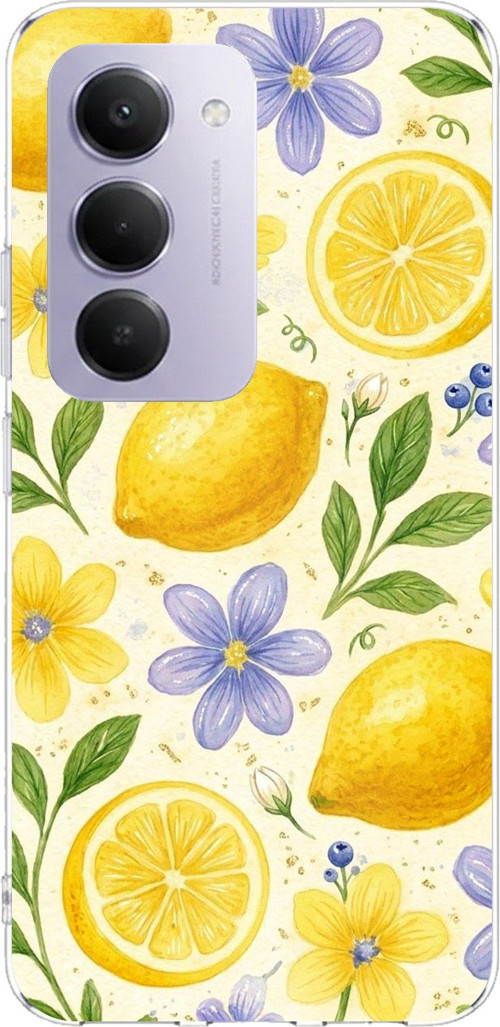 Redmi 15 4G Uyumlu Sulu Boya Limon ve Çiçek Desenli Baskılı Silikon Kılıf