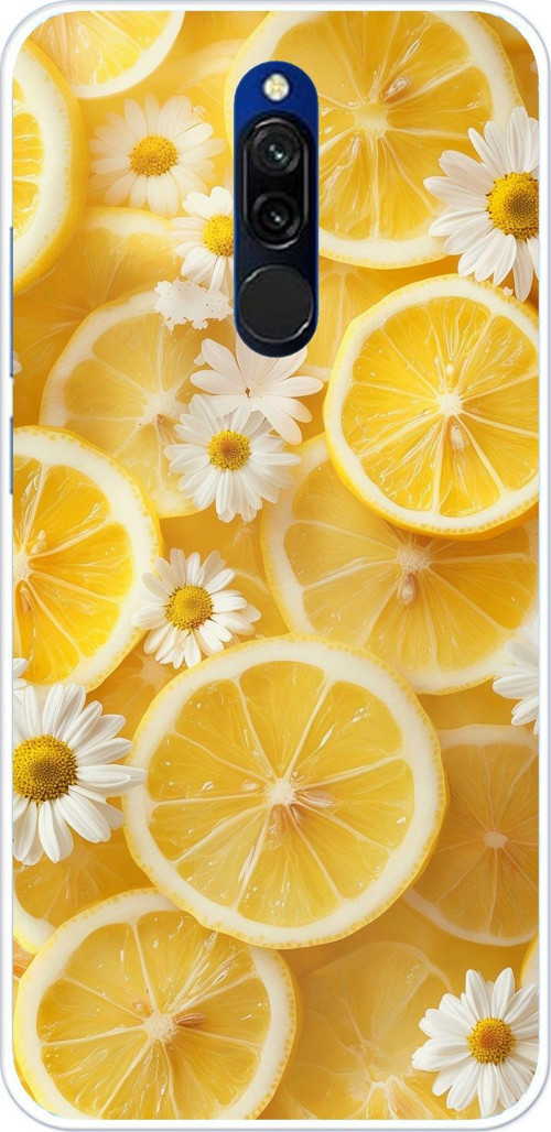 Redmi 8 Uyumlu Limon Dilimleri ve Papatya Desenli Baskılı Silikon Kılıf