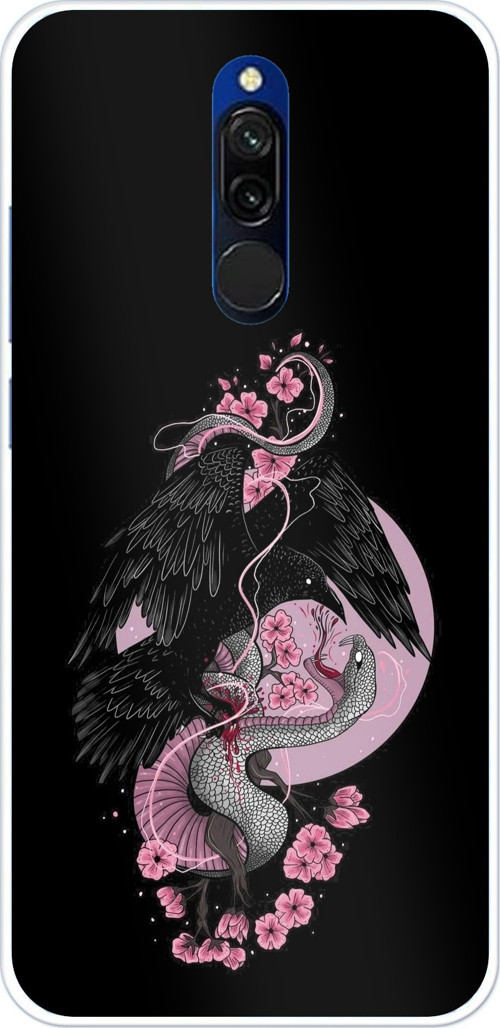 Redmi 8 Uyumlu Pembe Siyah Yılan Baskılı Silikon Kılıf