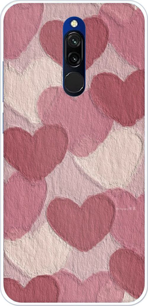 Redmi 8 Uyumlu Pastel Gül Kurusu ve Pembe Kalpli Baskılı Silikon Kılıf