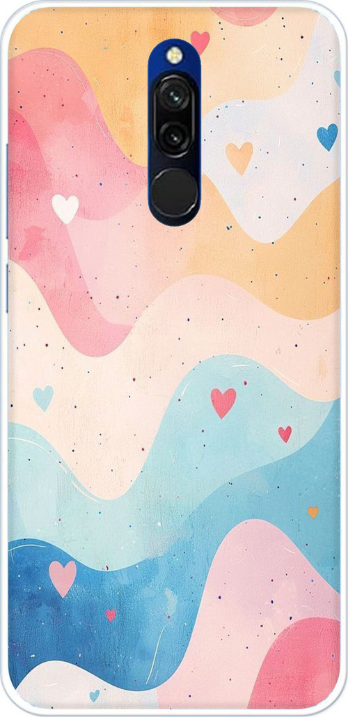 Redmi 8 Uyumlu Pastel Renkli Dalgalı ve Kalp Baskılı Silikon Kılıf