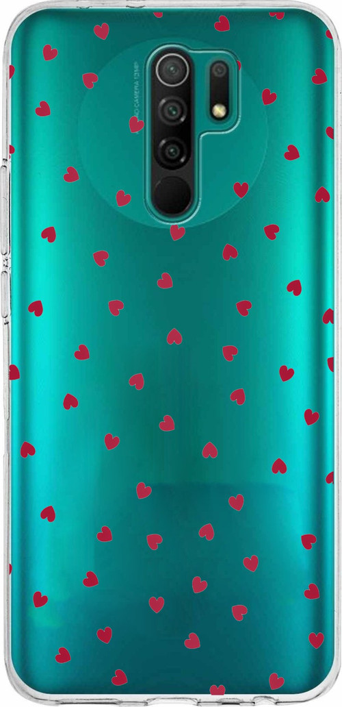 Redmi 9 Uyumlu Kırmızı Kalpler Tasarımlı Baskılı Silikon Kılıf
