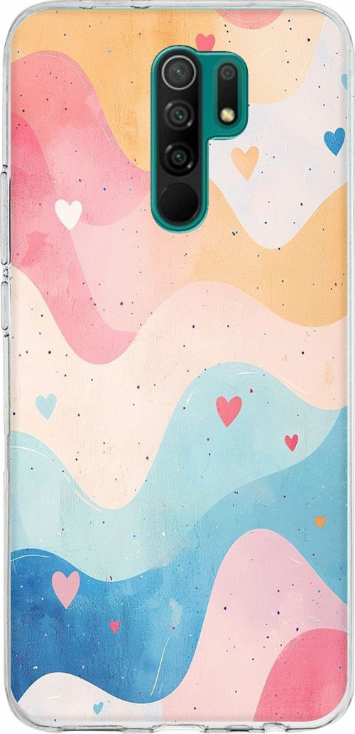 Redmi 9 Uyumlu Pastel Renkli Dalgalı ve Kalp Baskılı Silikon Kılıf