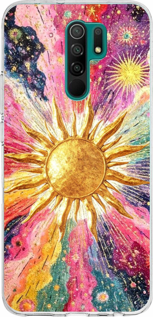 Redmi 9 Uyumlu Psikedelik Galaksi ve Güneş Desenli Baskılı Silikon Kılıf
