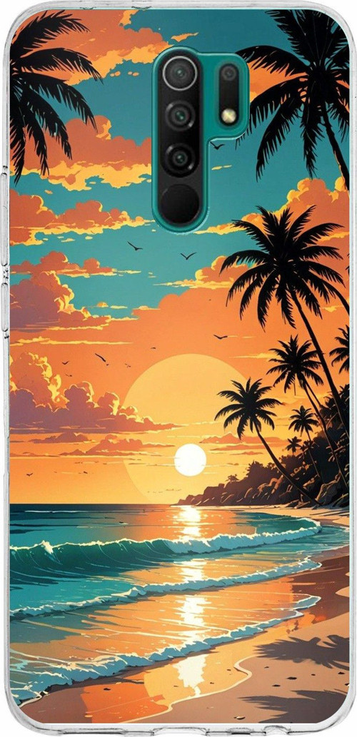 Redmi 9 Uyumlu Tropikal Sahil ve Gün Batımı Baskılı Silikon Kılıf