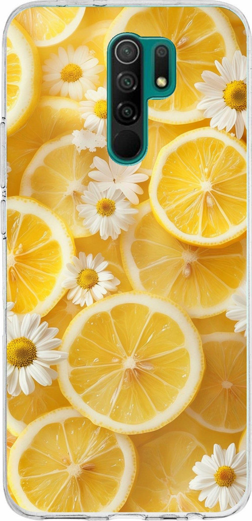 Redmi 9 Uyumlu Limon Dilimleri ve Papatya Desenli Baskılı Silikon Kılıf