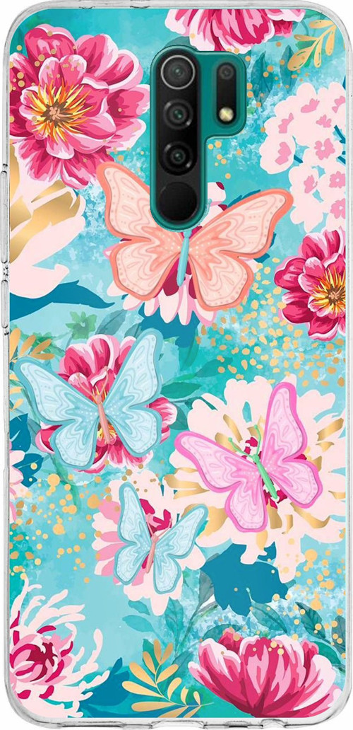 Redmi 9 Uyumlu Kelebekler ve Çiçekler Baskılı Silikon Kılıf