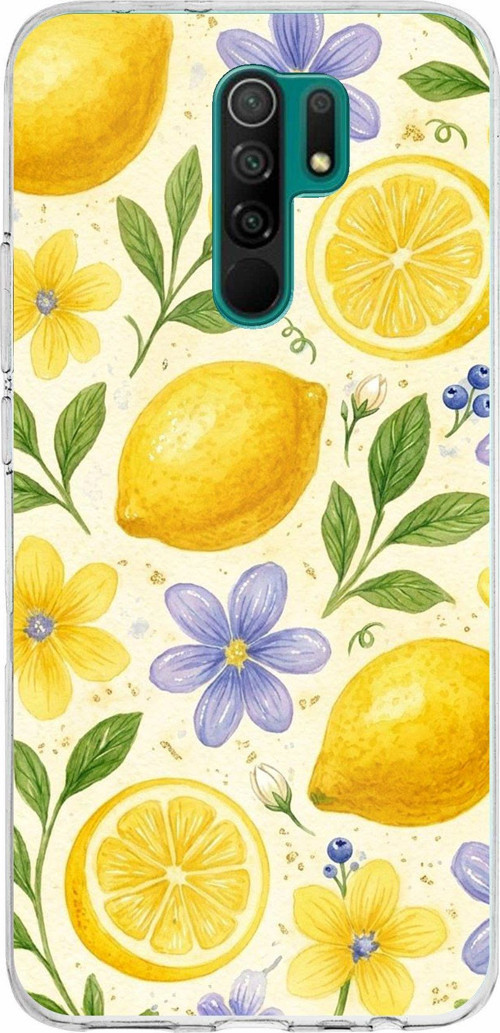 Redmi 9 Uyumlu Sulu Boya Limon ve Çiçek Desenli Baskılı Silikon Kılıf