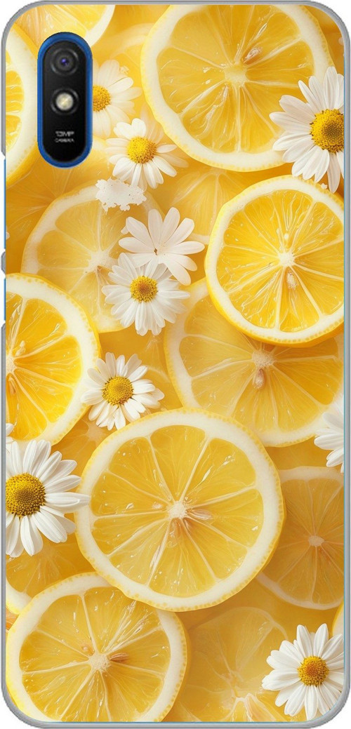 Redmi 9A Uyumlu Limon Dilimleri ve Papatya Desenli Baskılı Silikon Kılıf