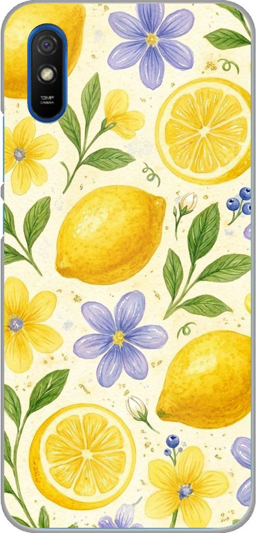 Redmi 9A Uyumlu Sulu Boya Limon ve Çiçek Desenli Baskılı Silikon Kılıf
