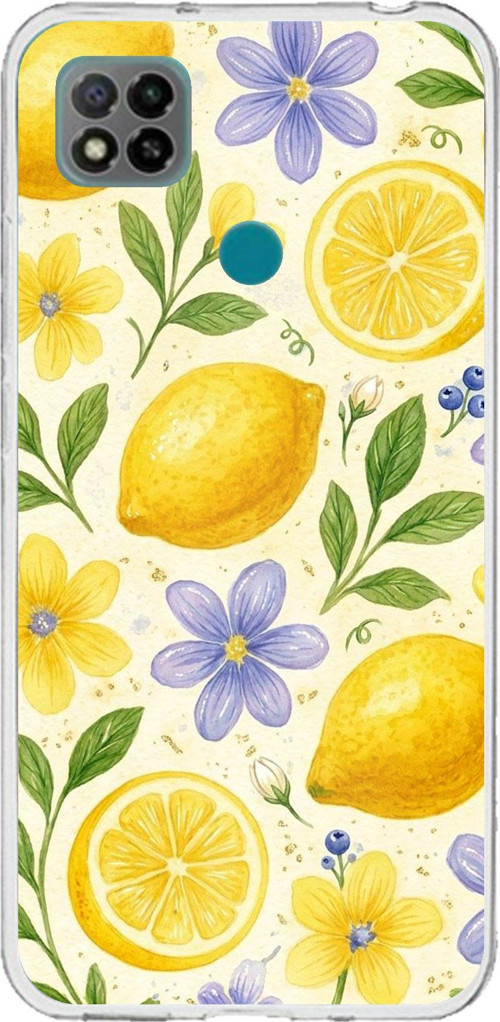 Redmi 9C / 10A Uyumlu Sulu Boya Limon ve Çiçek Desenli Baskılı Silikon Kılıf