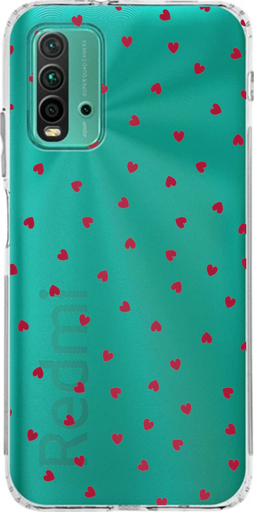 Redmi 9T-POCO M3 Uyumlu Kırmızı Kalpler Tasarımlı Baskılı Silikon Kılıf