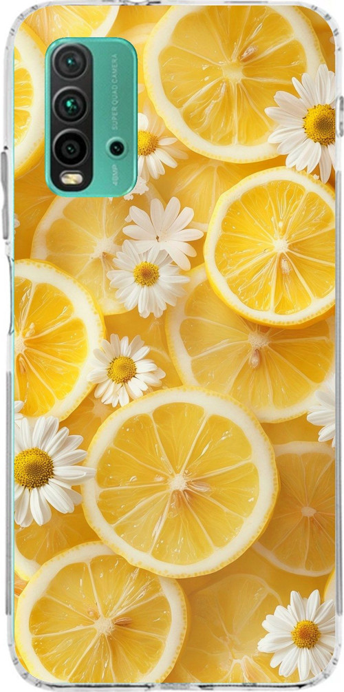 Redmi 9T-POCO M3 Uyumlu Limon Dilimleri ve Papatya Desenli Baskılı Silikon Kılıf