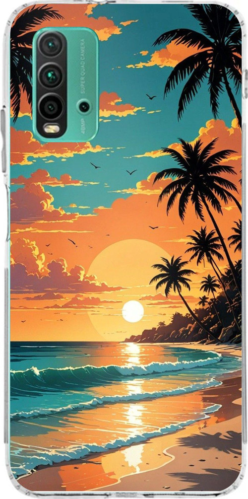 Redmi 9T-POCO M3 Uyumlu Tropikal Sahil ve Gün Batımı Baskılı Silikon Kılıf