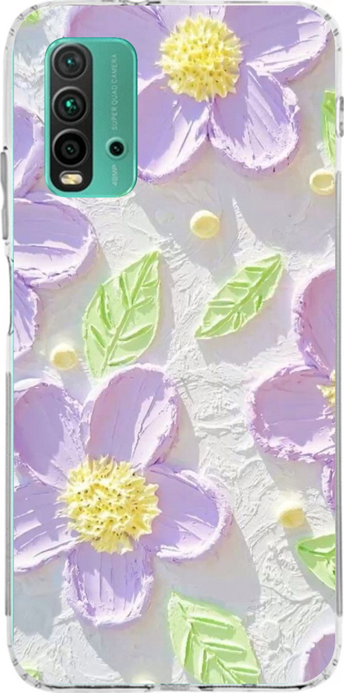 Redmi 9T-POCO M3 Uyumlu Mor Papatyalar Sulu Boya Baskılı Silikon Kılıf
