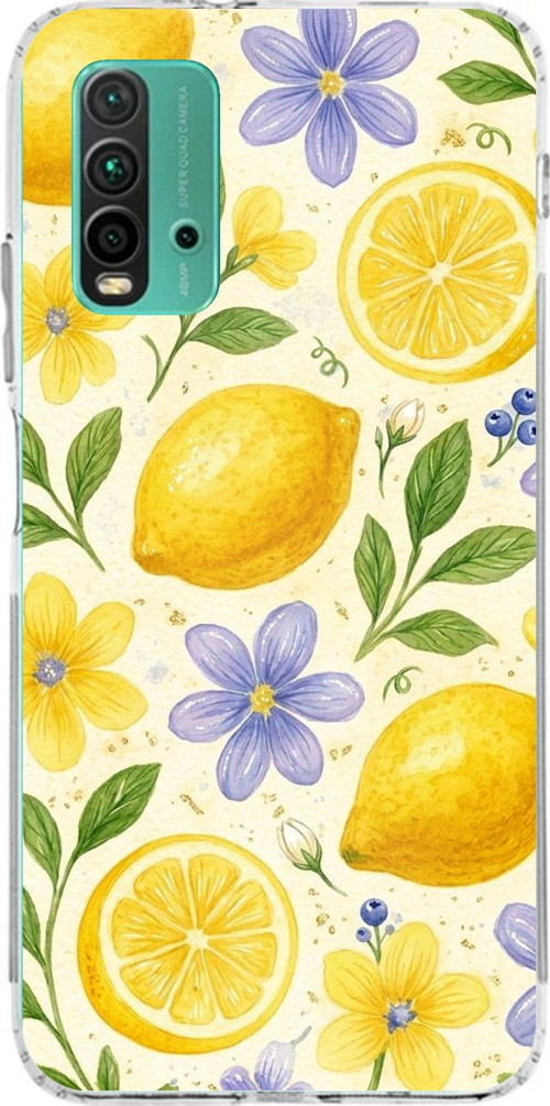 Redmi 9T-POCO M3 Uyumlu Sulu Boya Limon ve Çiçek Desenli Baskılı Silikon Kılıf