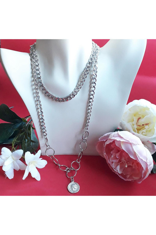 Çelik Zincir Kadın Ikili Choker & Uzun Kolye