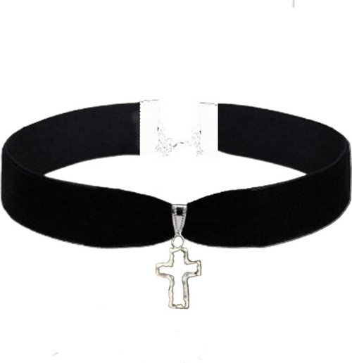 Siyah Renk Kadife Kadın Haç Choker Tasma Kolye