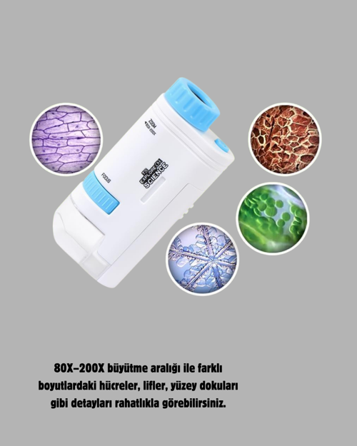Taşınabilir Mikroskop Led Işıklı 80X–200X Büyütmeli Odak Ayarlı