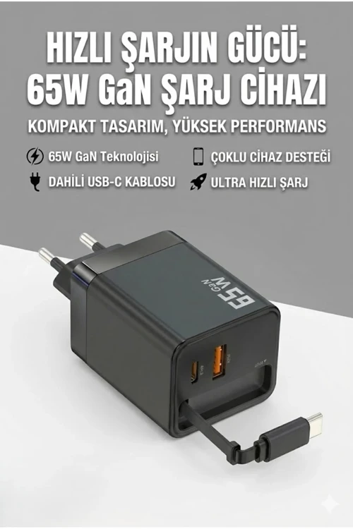 65W Süper Hızlı Şarj Cihazı | Dahili Type-C Kablo | USB-C & USB-A Çıkış | Çoklu Cihaz Dest