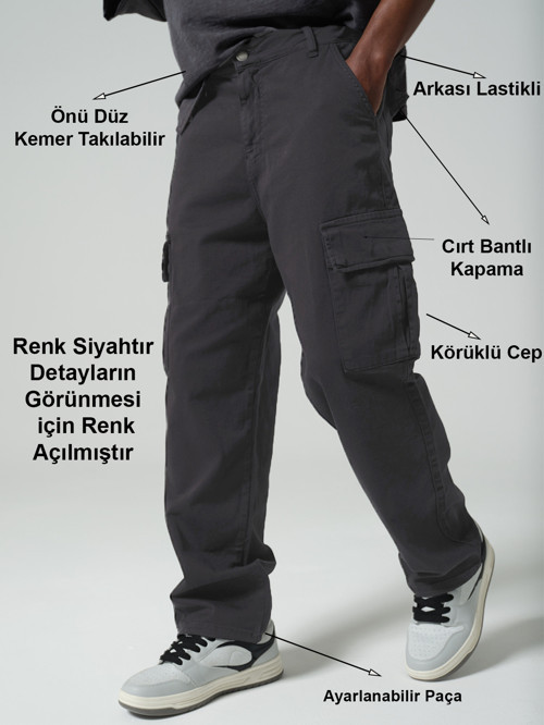 Ayarlanabilir Paça, Beli Kısmi Lastikli, Rahat Fit, Esnek Gabardin Kargo Erkek Pantolon @Kamer