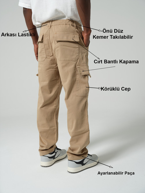 Ayarlanabilir Paça, Beli Kısmi Lastikli, Rahat Fit, Esnek Gabardin Kargo Erkek Pantolon @Kamer