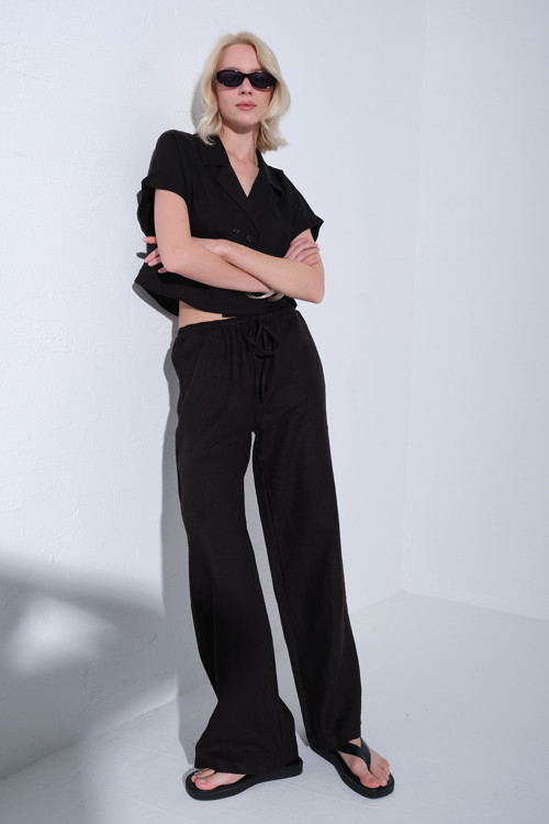 %100 Keten Bağcıklı Rahat Kalıp Dokuma Kadın Pantolon @Varuna